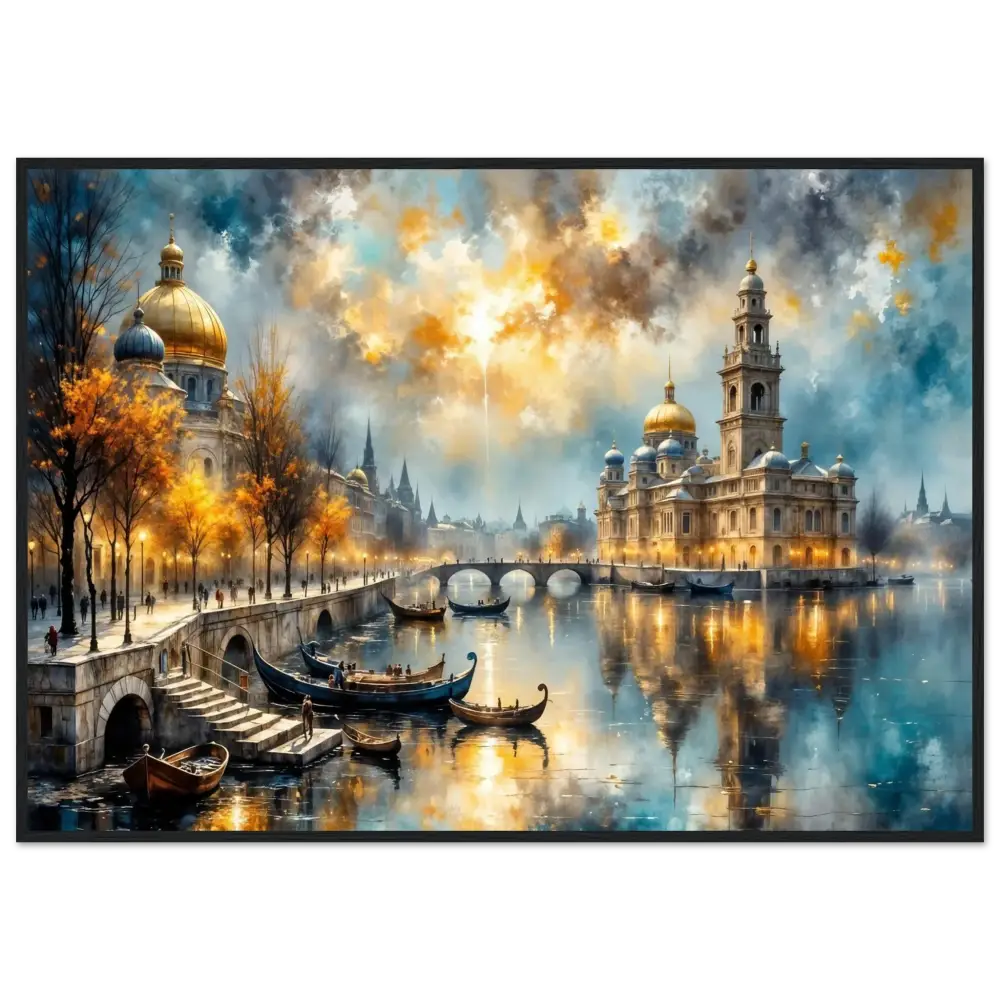 Vibrant impressionistic European city dusk scene framed masterpiece on archival matte paper with ultra-rich giclée colors