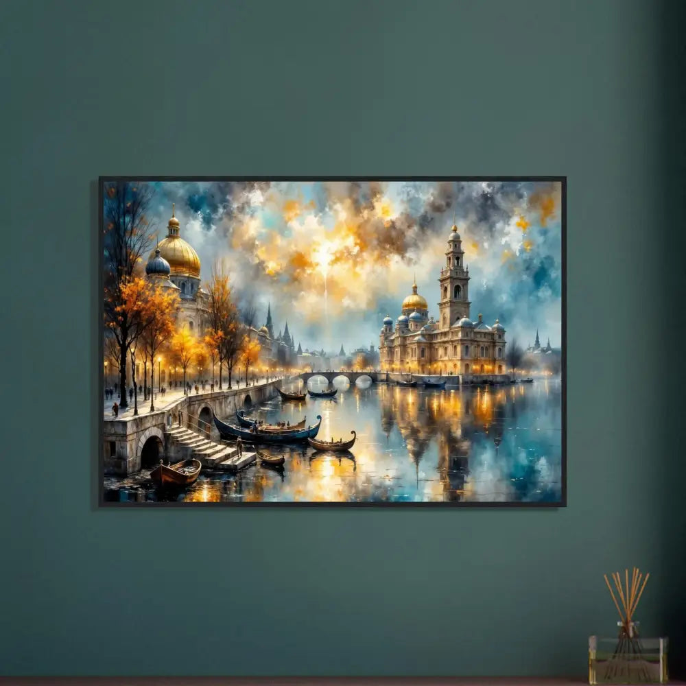 Framed masterpiece turns with European cityscape sunset on archival matte paper with ultra-rich giclée colors