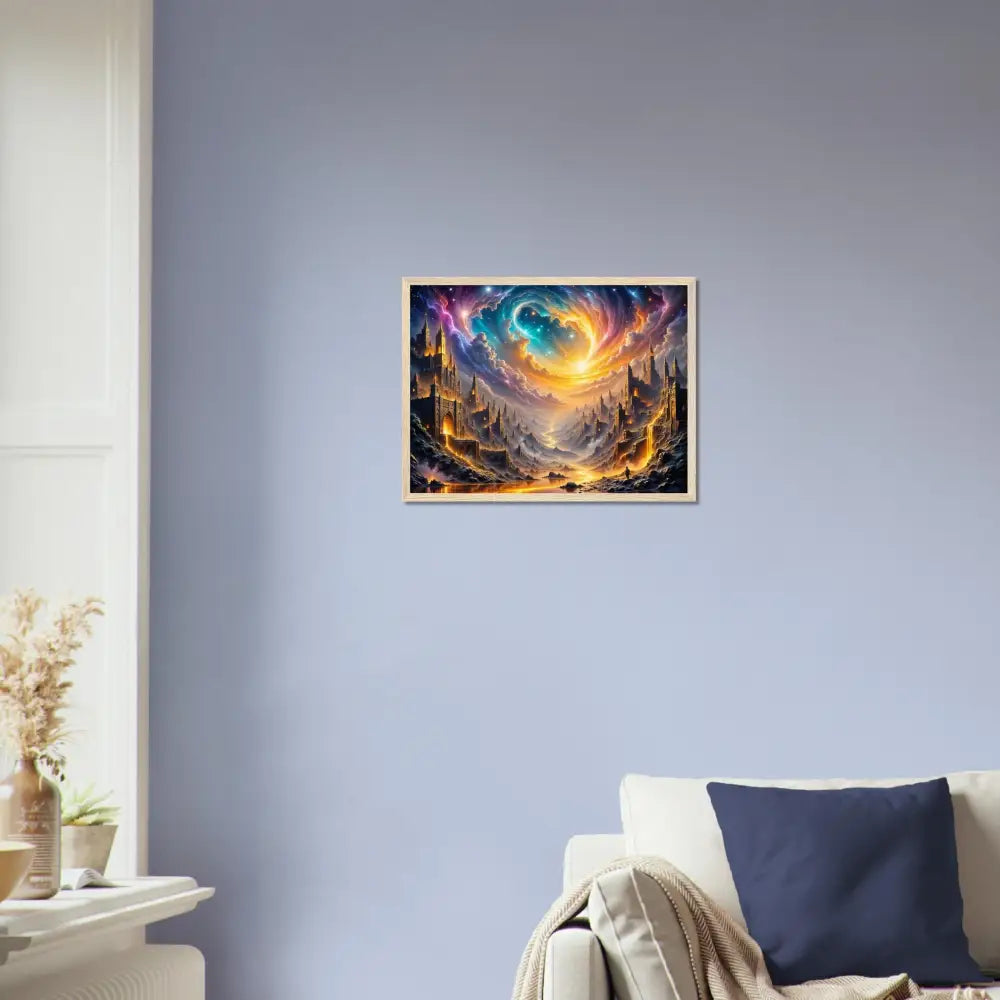 Eclipsed Citadel framed handcrafted wood combines vibrant landscape painting with celestial sky