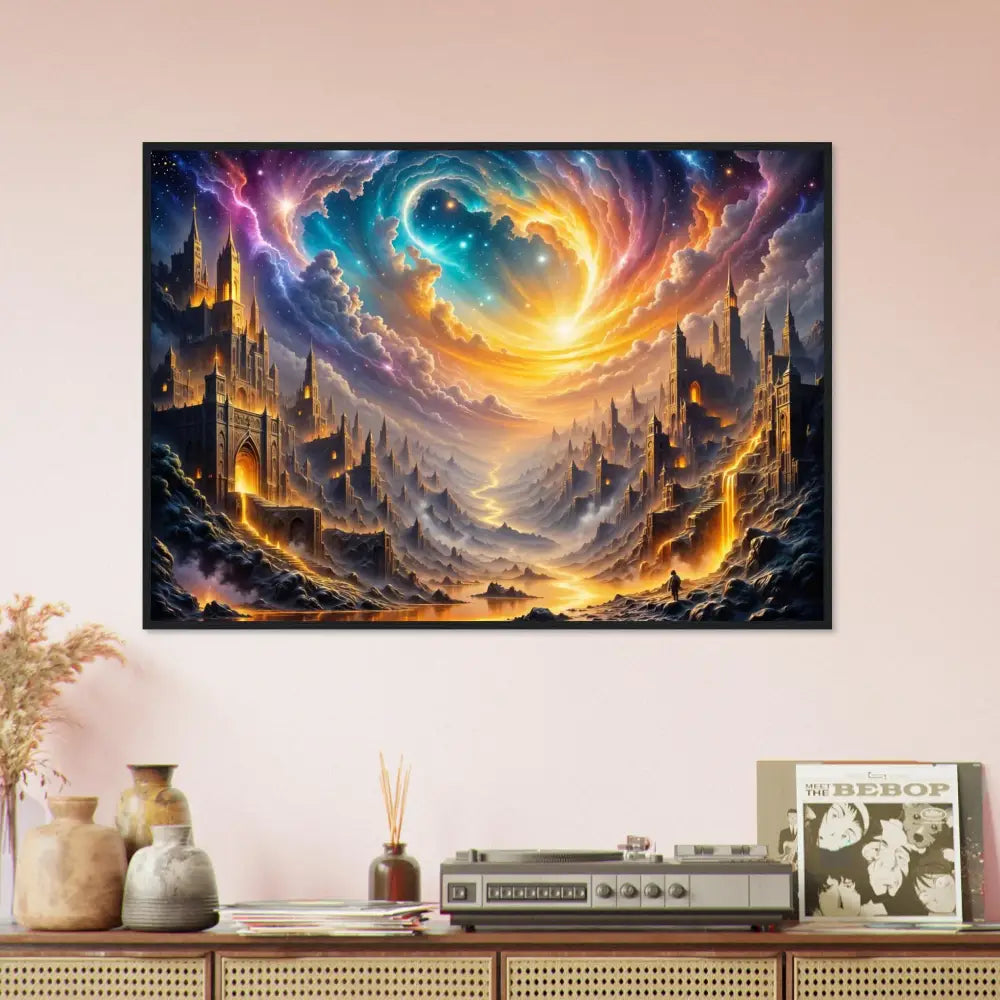 Framed canvas print of Eclipsed Citadel with vibrant celestial sky and handcrafted wood combines