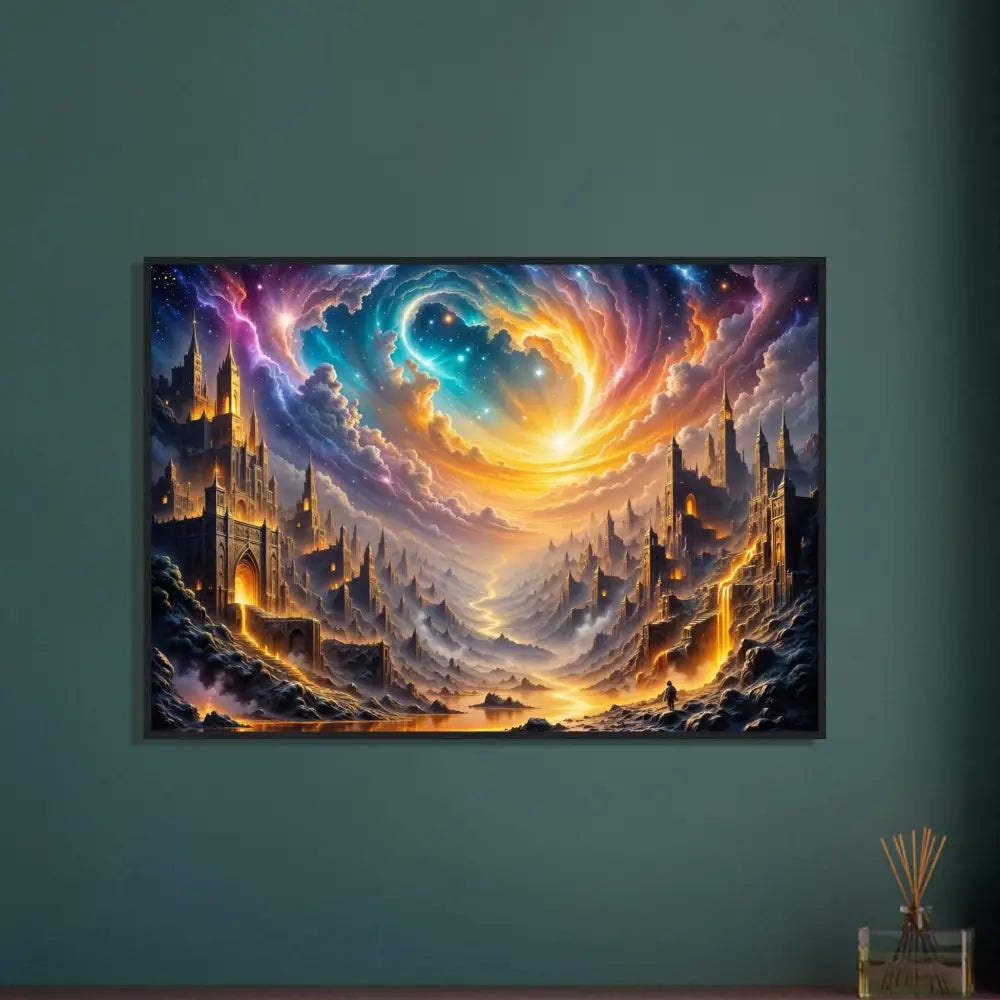 Eclipsed Citadel framed landscape painting with fantastical city and celestial sky