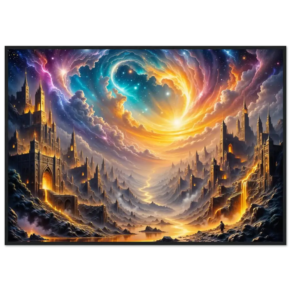 Eclipsed Citadel framed poster featuring celestial vortex, ancient castles, luminous river
