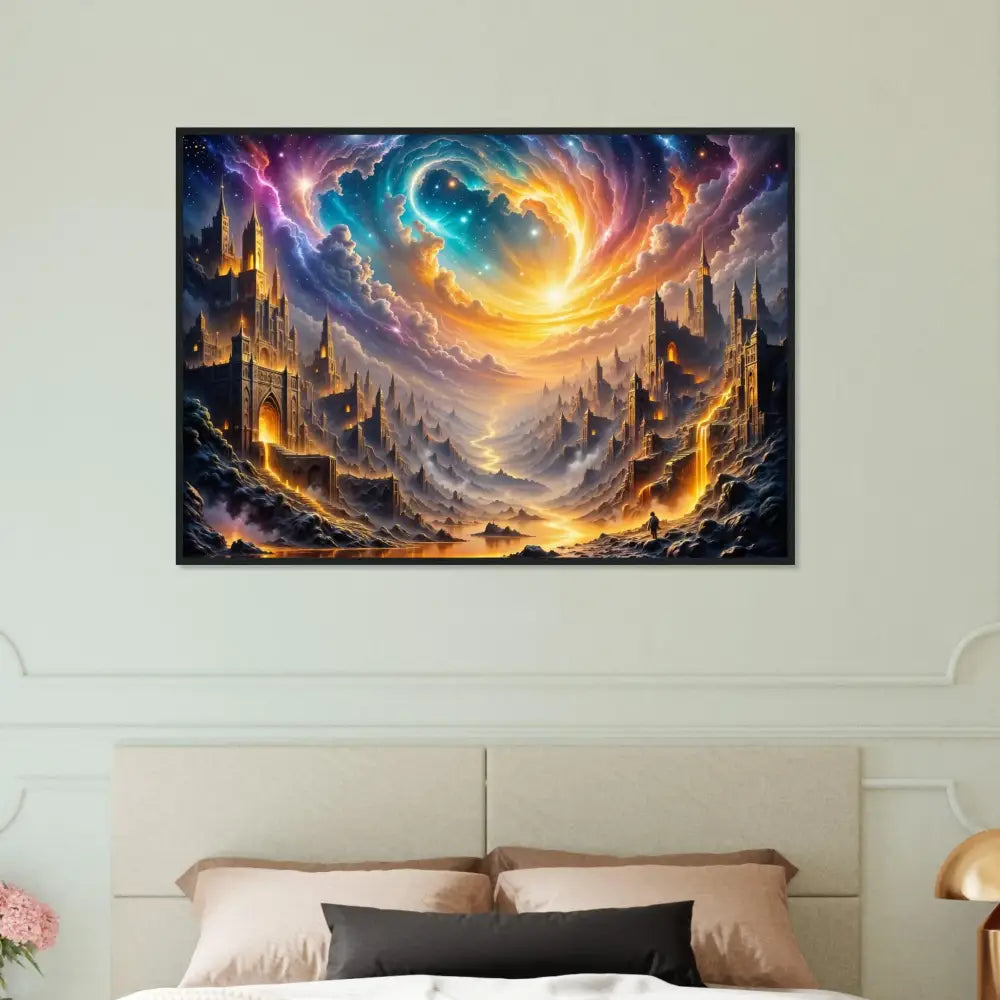 Eclipsed Citadel framed fantasy art print with vibrant sky and illuminated castles