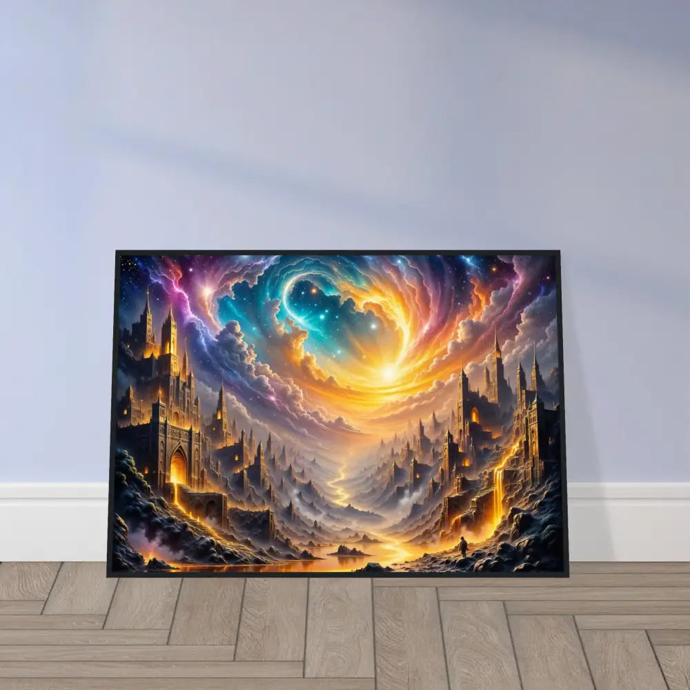 Framed Eclipsed Citadel poster with celestial vortex over glowing castles, handcrafted wood combines