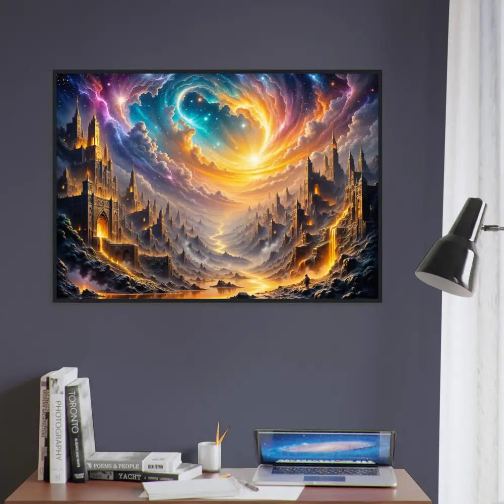 Framed Eclipsed Citadel poster with vibrant fantasy landscape and swirling sky