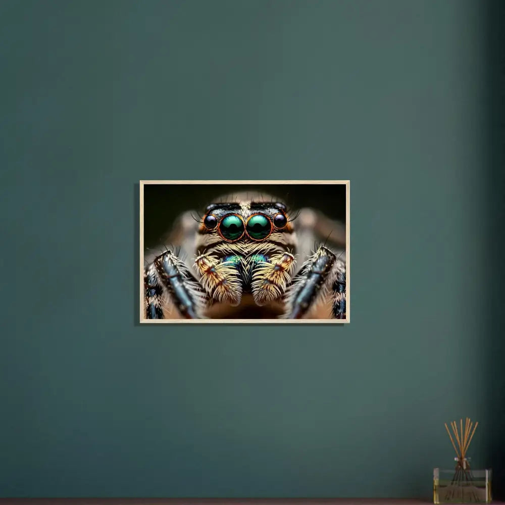 Framed spider close-up displayed in PixiOnyx Nature Focus Eight-Eyed Watcher poster