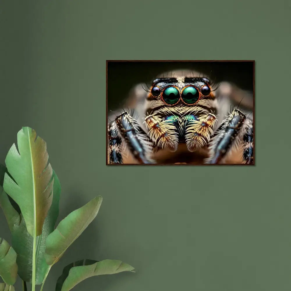Framed macro spider poster from PixiOnyx Nature Focus collection titled Eight-Eyed Watcher