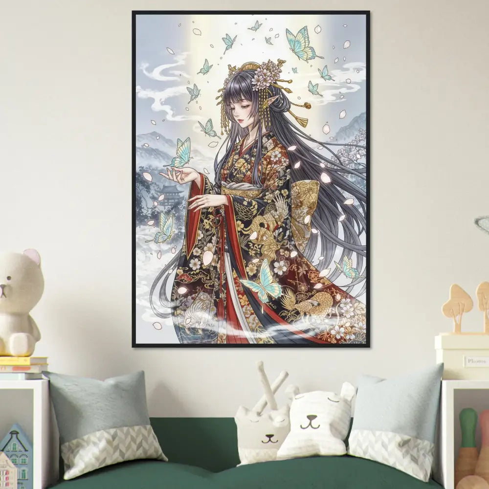 Framed anime-style art print of ethereal kimono maiden with butterflies in a kimono