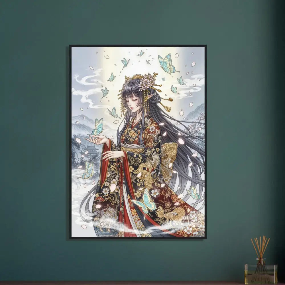 Framed canvas print of an ethereal kimono maiden with butterflies from PixiOnyx Tranquil Elegance Series