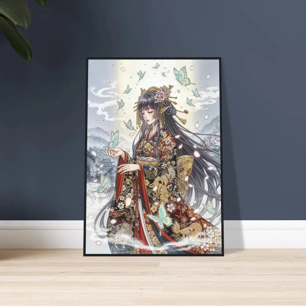 Framed anime poster of an ethereal kimono maiden with butterflies in a tranquil setting