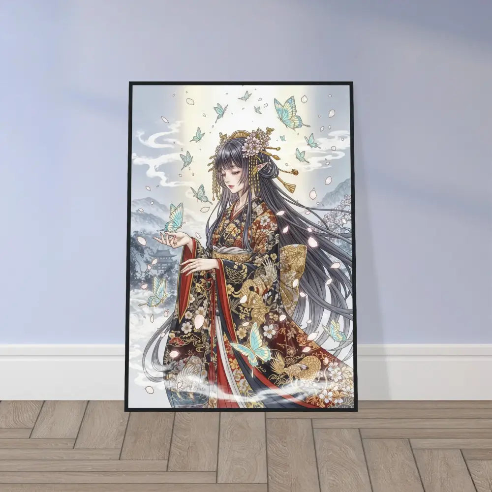 Framed anime art print of an ethereal kimono maiden with butterflies in tranquil elegance series