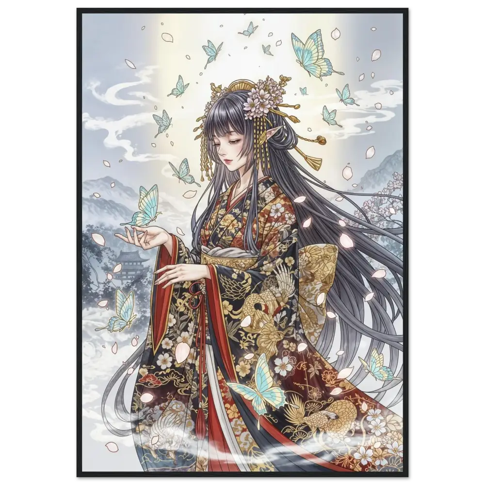 Ethereal Kimono Maiden framed poster featuring a woman in an elaborate kimono with butterflies