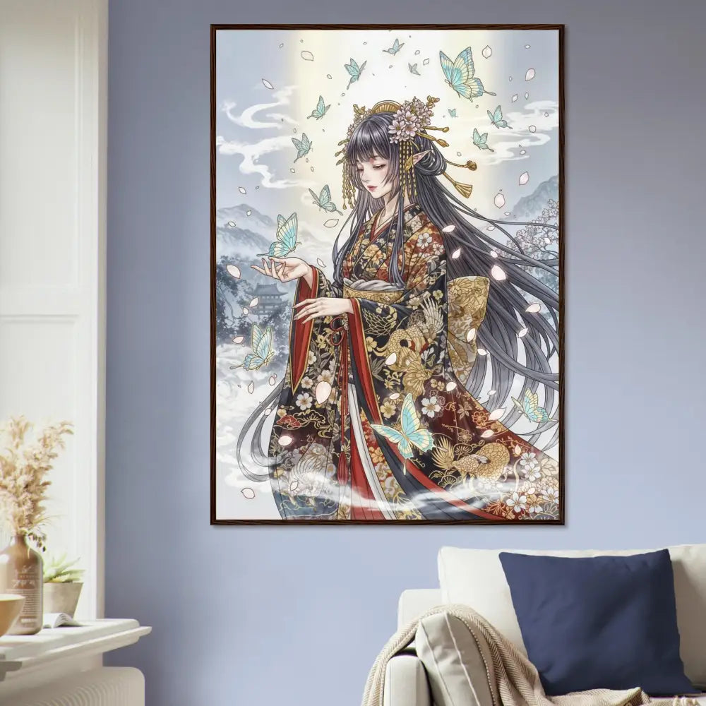 Framed poster of an ethereal kimono maiden with butterflies in anime style from PixiOnyx