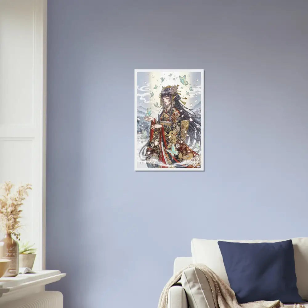 Anime-style art print of an Ethereal Kimono Maiden with butterflies in a framed poster