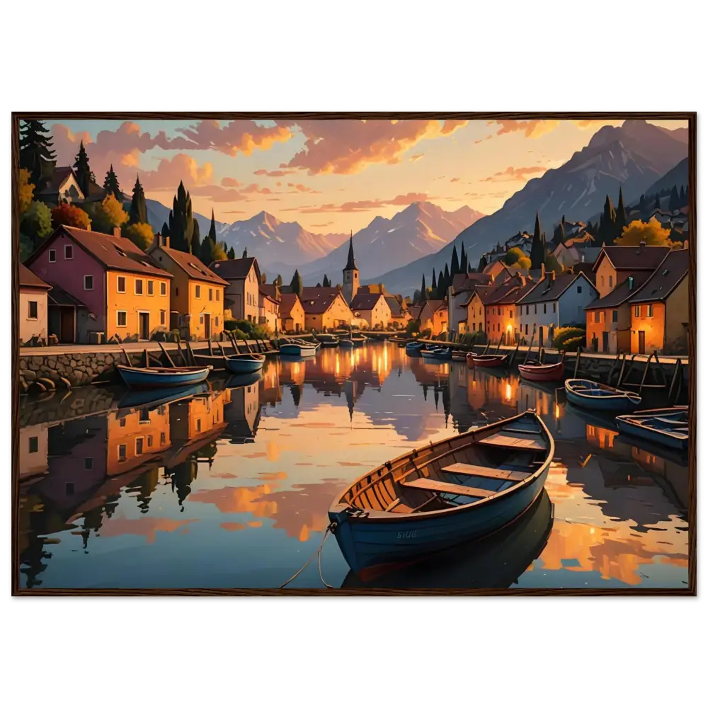 Picturesque lakeside village painting in a frame for the Evening Glow on the Water poster