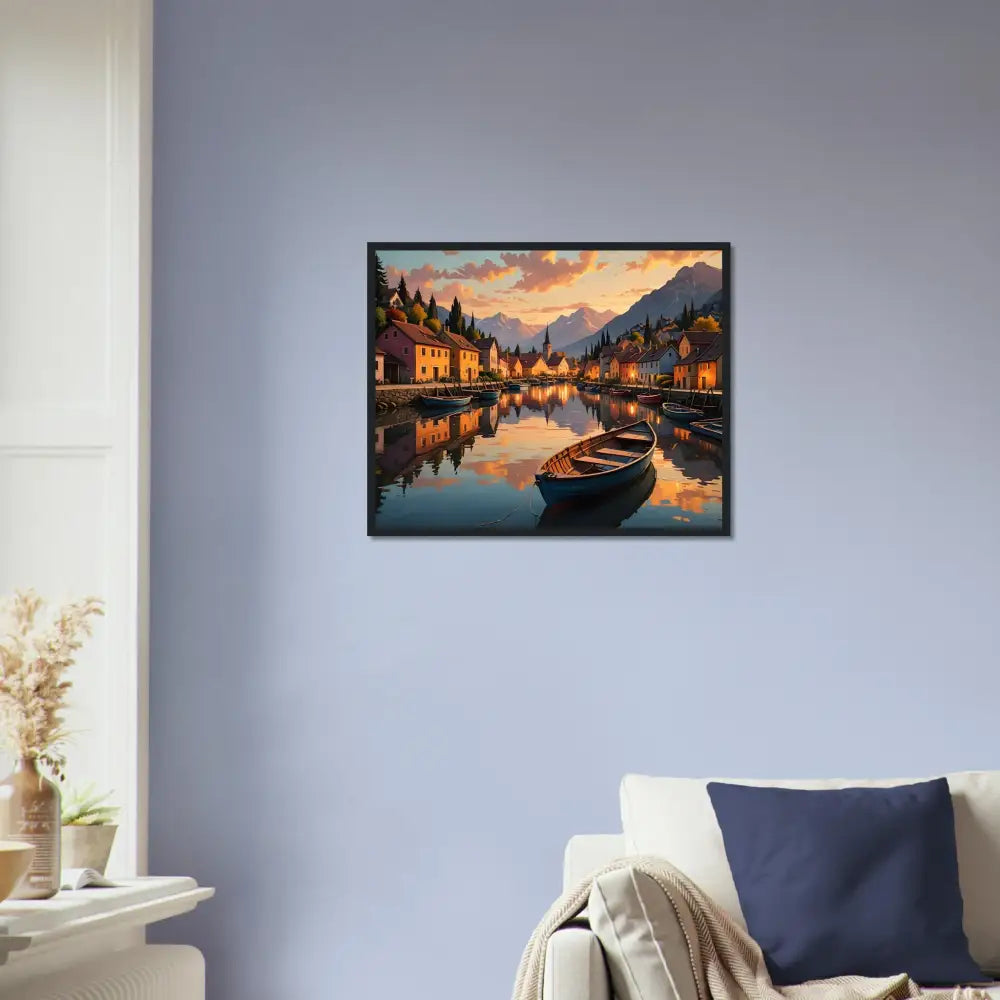 Framed painting of a lakeside village with evening glow in a European Twilight Frame