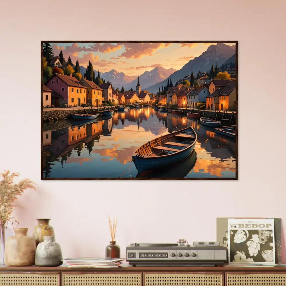 Framed landscape painting titled Evening Glow on the Water in PixiOnyx European Twilight Frame