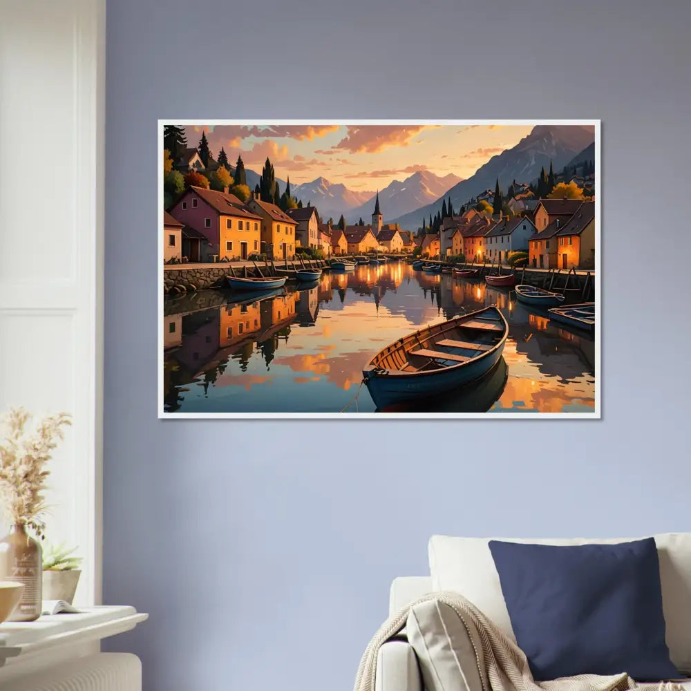 Framed landscape painting titled Evening Glow on the Water in PixiOnyx European Twilight Frame
