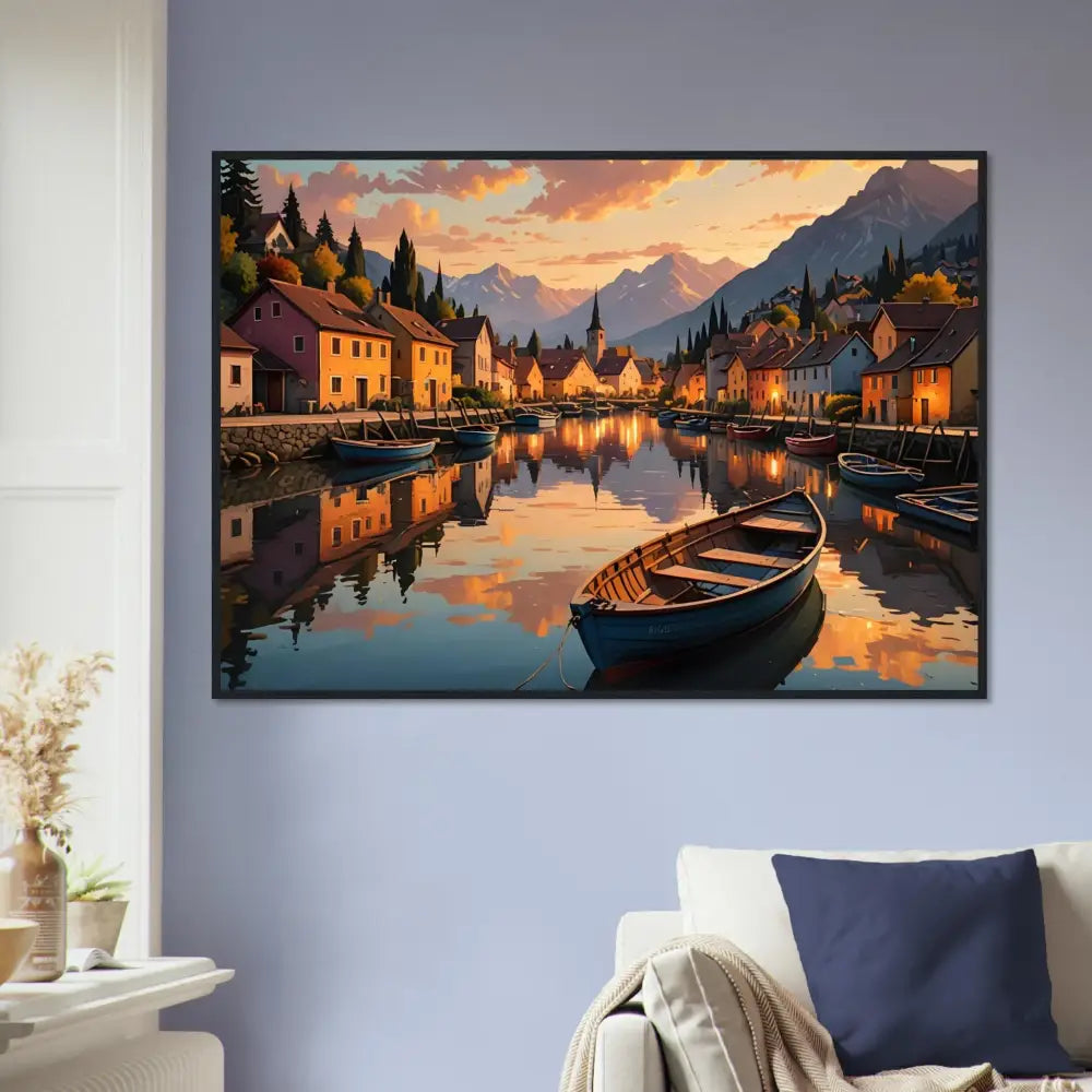 Framed landscape painting titled Evening Glow on the Water in a European Twilight Frame