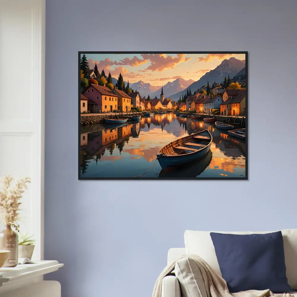 Framed landscape painting titled Evening Glow on the Water in a European Twilight Frame
