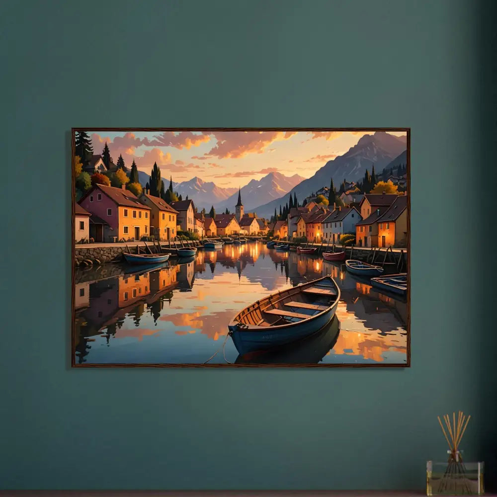 Framed lakeside village sunset painting displayed in PixiOnyx European Twilight Frame