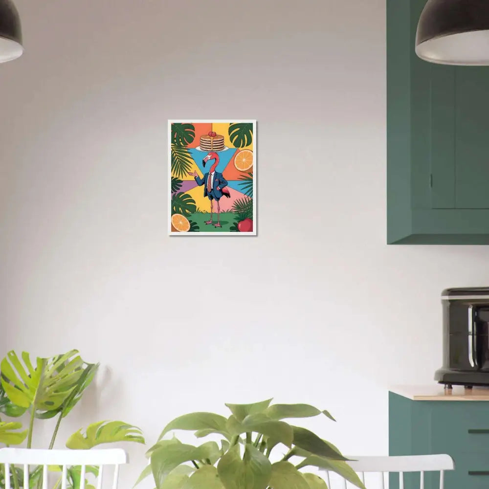 Colorful framed poster of a flamingo waiter balancing pancakes on its head