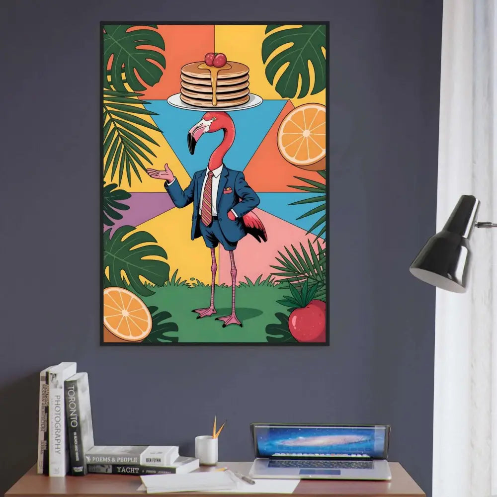 Framed poster of flamingo waiter balancing pancakes, PixiOnyx Tropical artwork