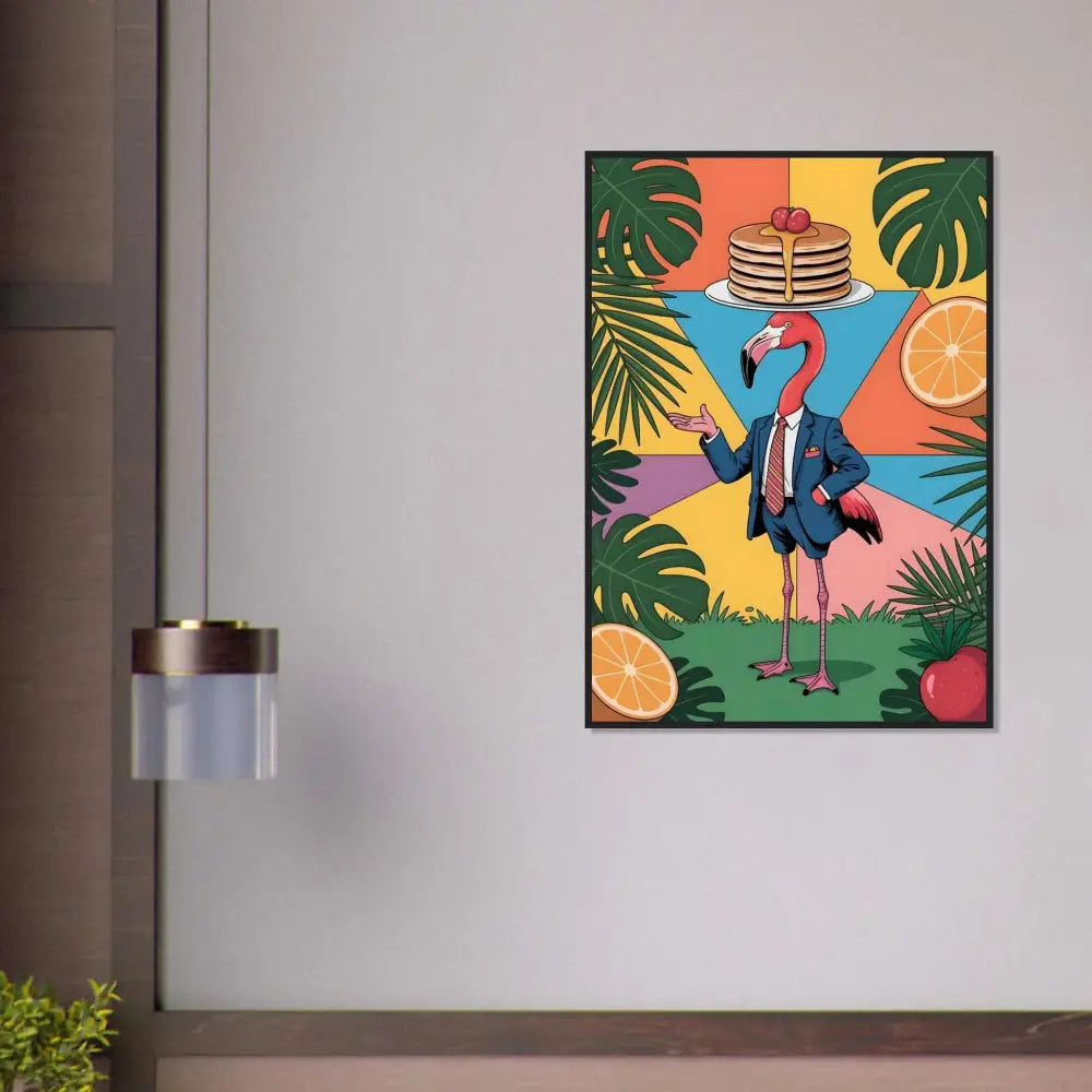 Framed poster of a flamingo waiter balancing pancakes, tropical leaves, PixiOnyx tropical art