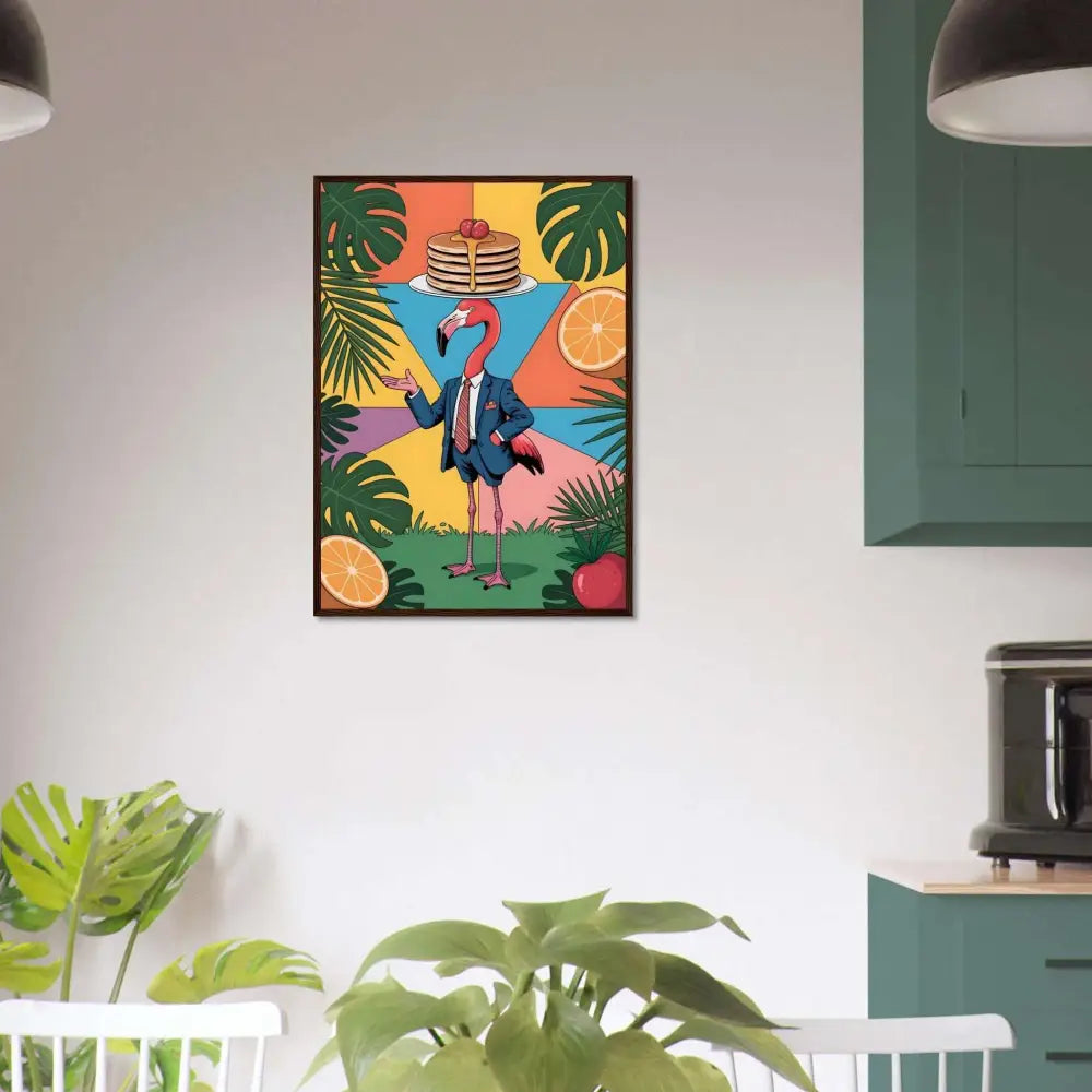 Framed poster of flamingo waiter with pancakes, tropical leaves and fruit by PixiOnyx