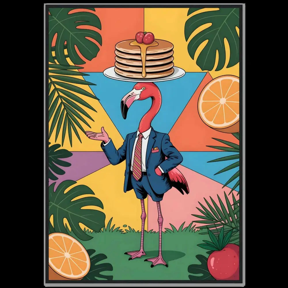 Framed poster of flamingo waiter balancing pancakes with tropical fruits by PixiOnyx Tropical