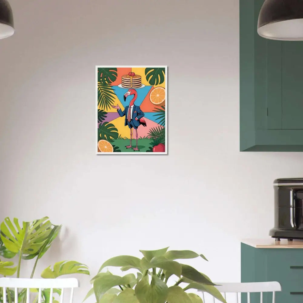 Framed poster of a flamingo waiter with pancakes on its head, PixiOnyx Tropical art