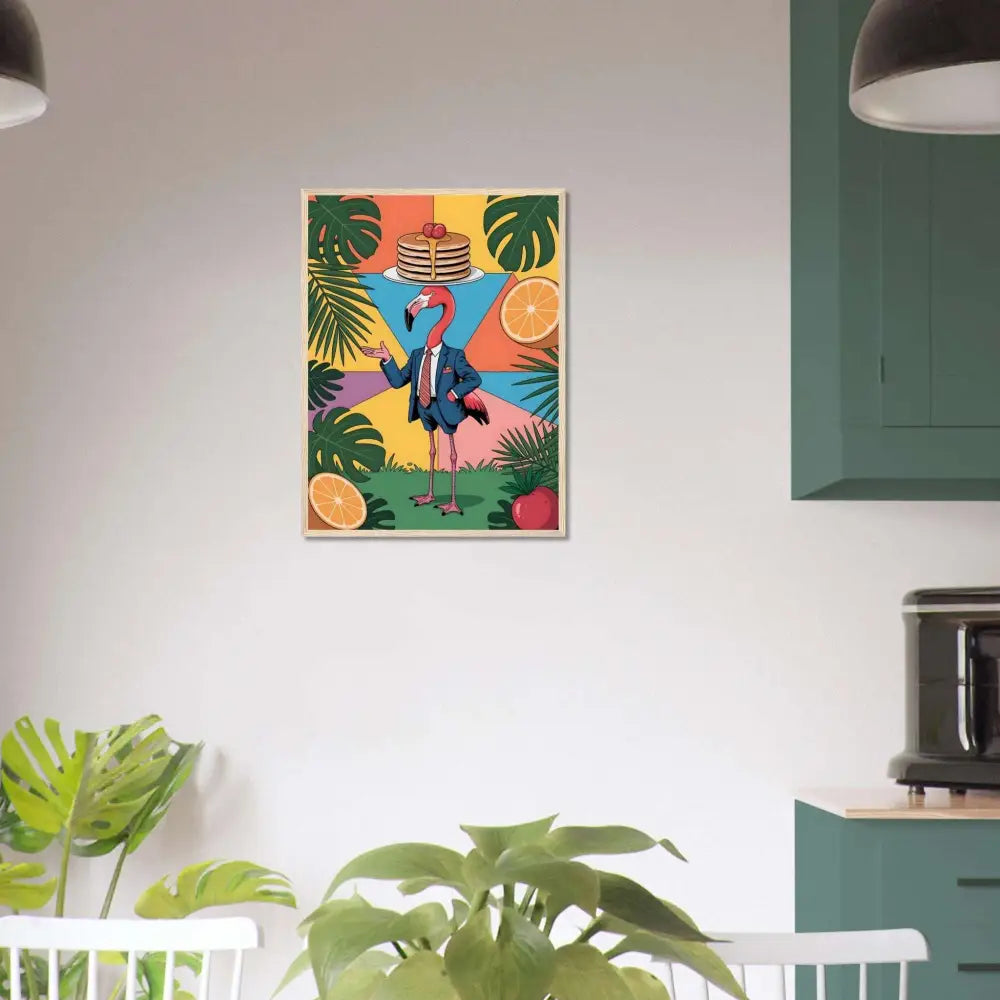 Colorful framed poster of a flamingo waiter balancing pancakes in PixiOnyx Tropical style