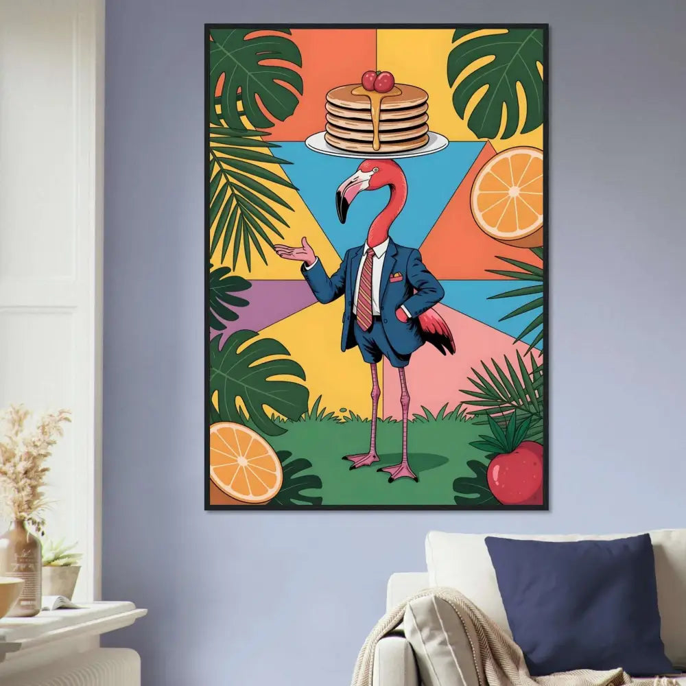Framed poster of a flamingo waiter balancing pancakes on its head PixiOnyx Tropical style