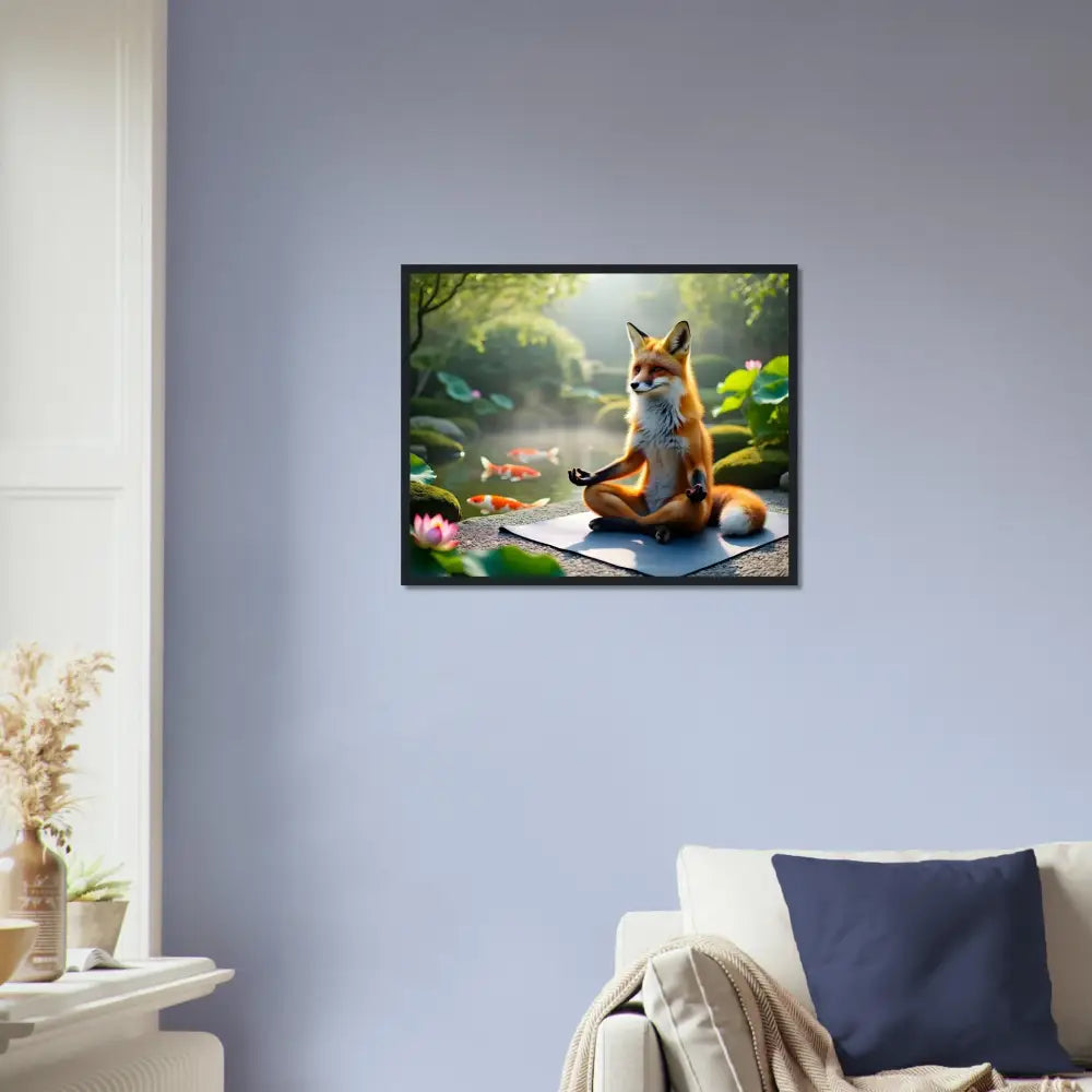 Framed fox meditating by a pond featured in PixiOnyx Zen Reverie Display poster
