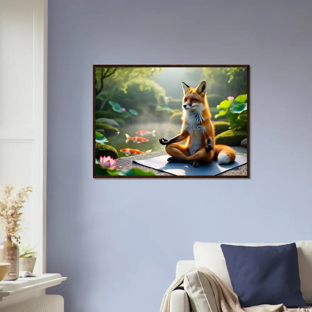 Framed Foxasana meditation art poster on PixiOnyx Zen Reverie Display