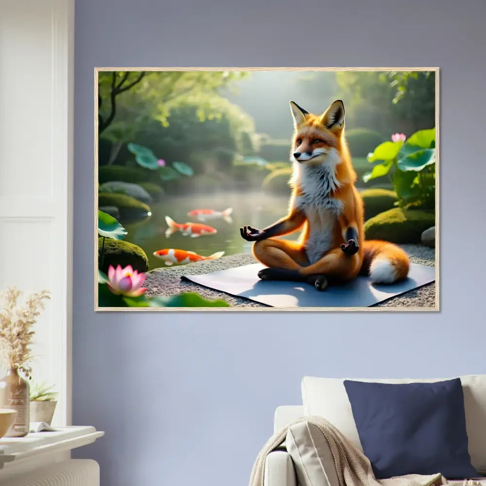 Framed Fox Meditating Poster displayed in PixiOnyx Zen Reverie Display