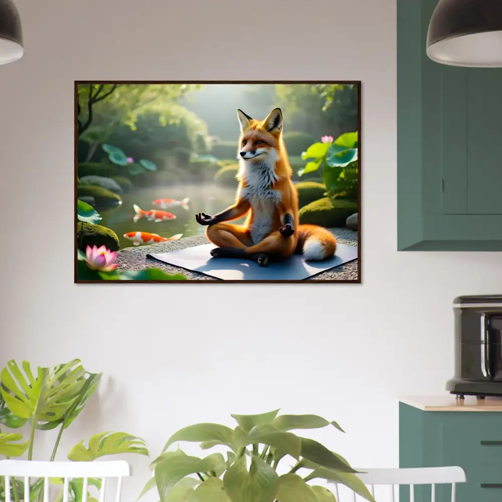 Framed Foxasana meditation art poster displayed in PixiOnyx Zen Reverie display