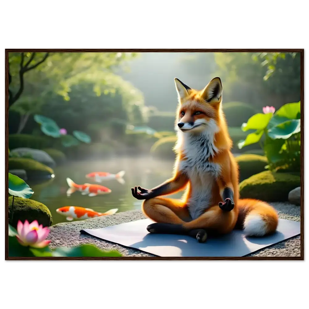 Meditating fox in a serene garden on Framed Poster Foxasana PixiOnyx Zen Reverie Display