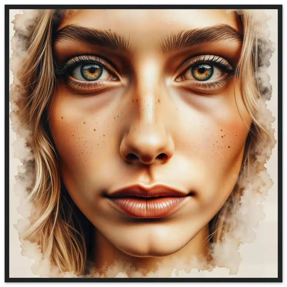 Painted portrait of woman with green-gold eyes on archival-grade matte paper in semi-hardwood frame