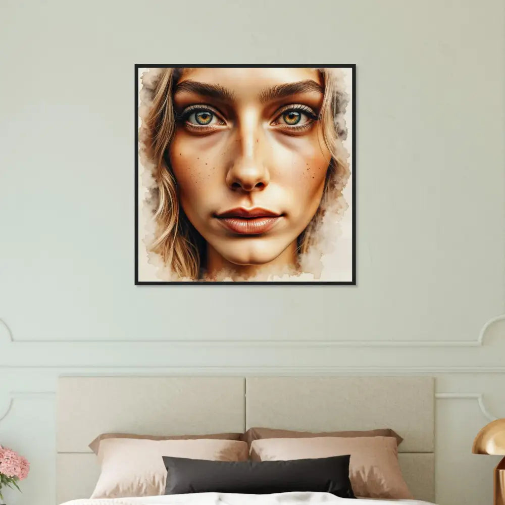 Framed poster of woman with green eyes on archival-grade matte paper in semi-hardwood frame