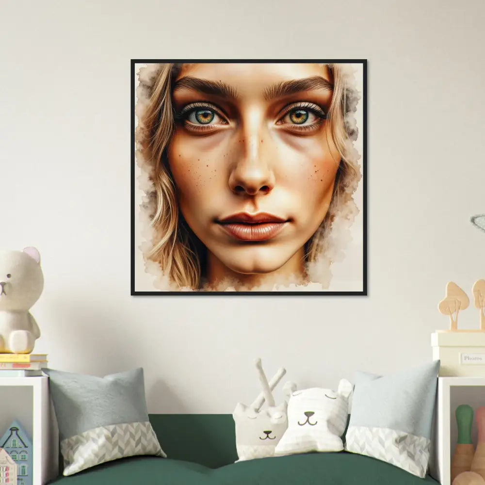 Framed portrait of a woman with wavy blonde hair on crystal-clear acrylic frame, premium archival-grade matte paper
