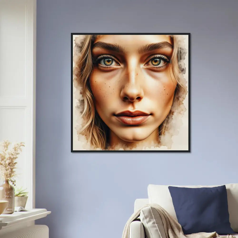 Framed watercolor portrait of a woman with green eyes on archival-grade matte paper in a semi-hardwood frame crystal-clear acrylic