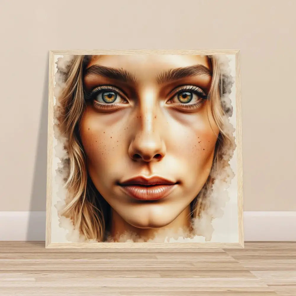 Framed watercolor portrait of a woman with green eyes on archival-grade matte paper in a semi-hardwood frame crystal-clear acrylic