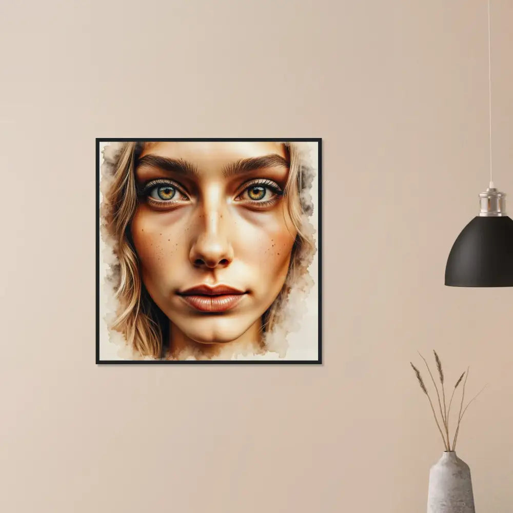 Framed watercolor of woman’s face on archival-grade matte paper in semi-hardwood frame crystal-clear acrylic