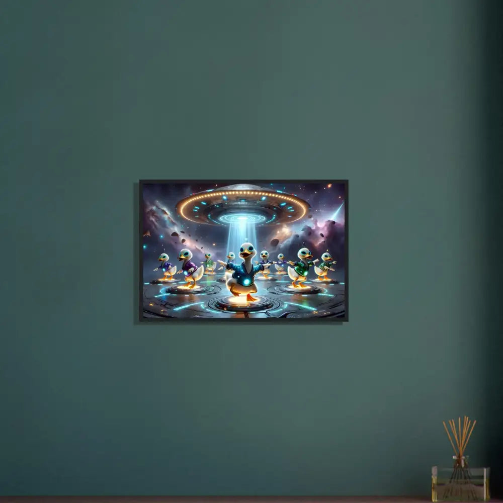 Framed alien duck abduction artwork poster in PixiOnyx Feathercore Cosmic Frame