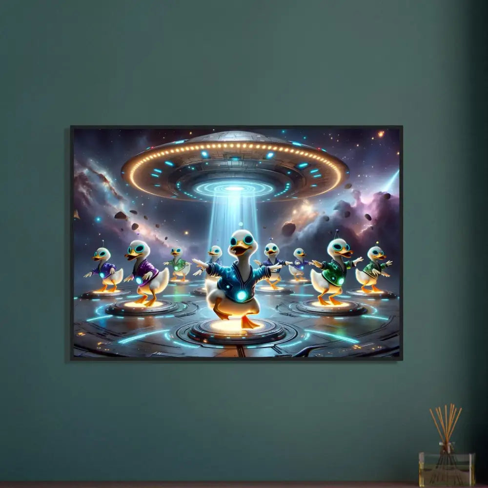 Framed alien duck abduction art poster from Galactic Dance Crew PixiOnyx Feathercore