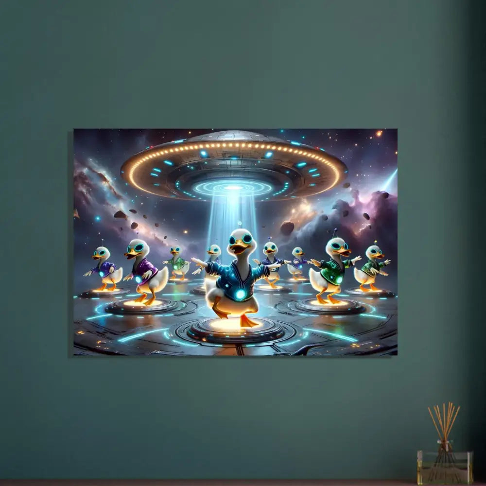 Humorous alien duck abduction artwork in a framed Galactic Dance Crew PixiOnyx Feathercore Cosmic Frame