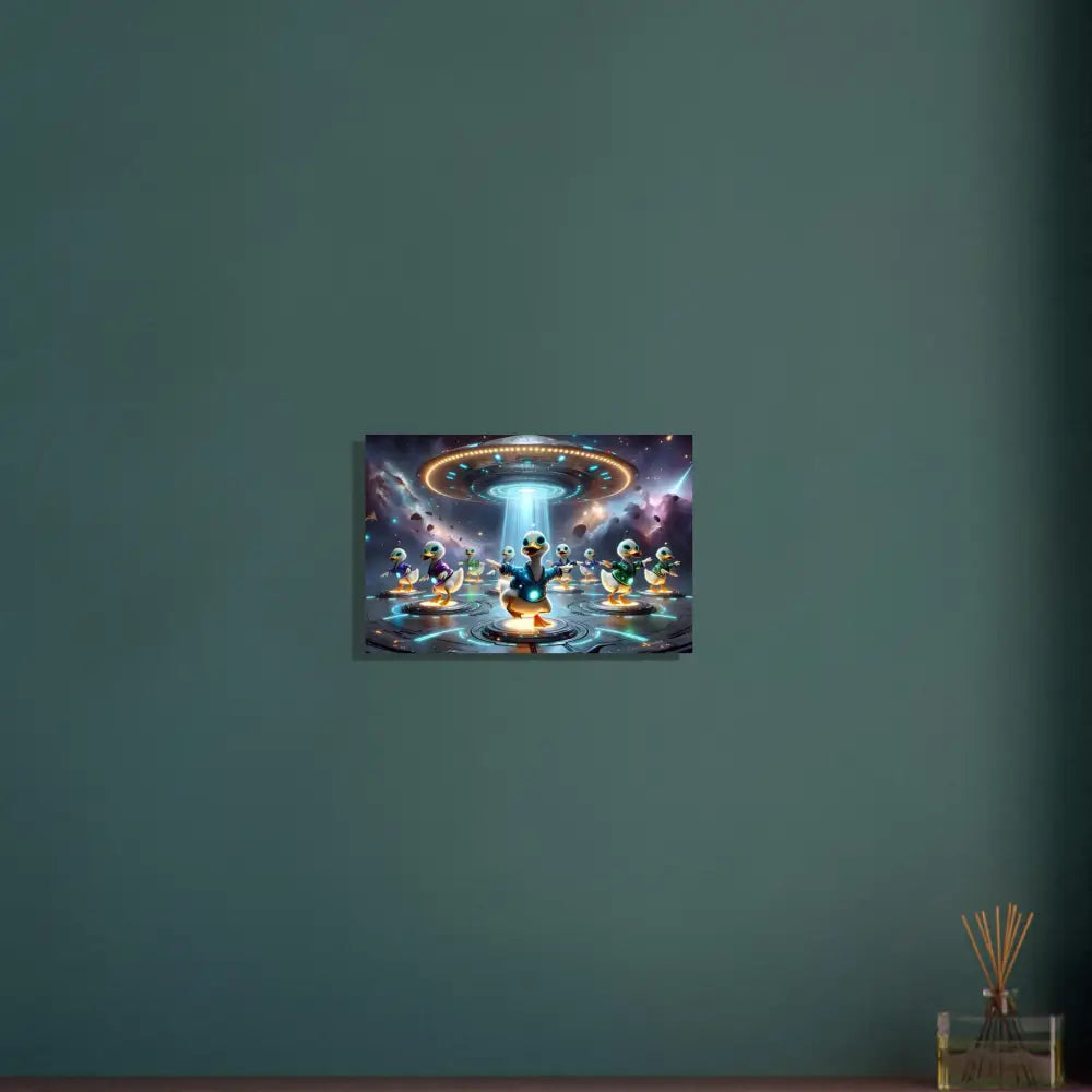 UFO-themed cartoon duck artwork in framed poster titled Galactic Dance Crew by PixiOnyx Feathercore
