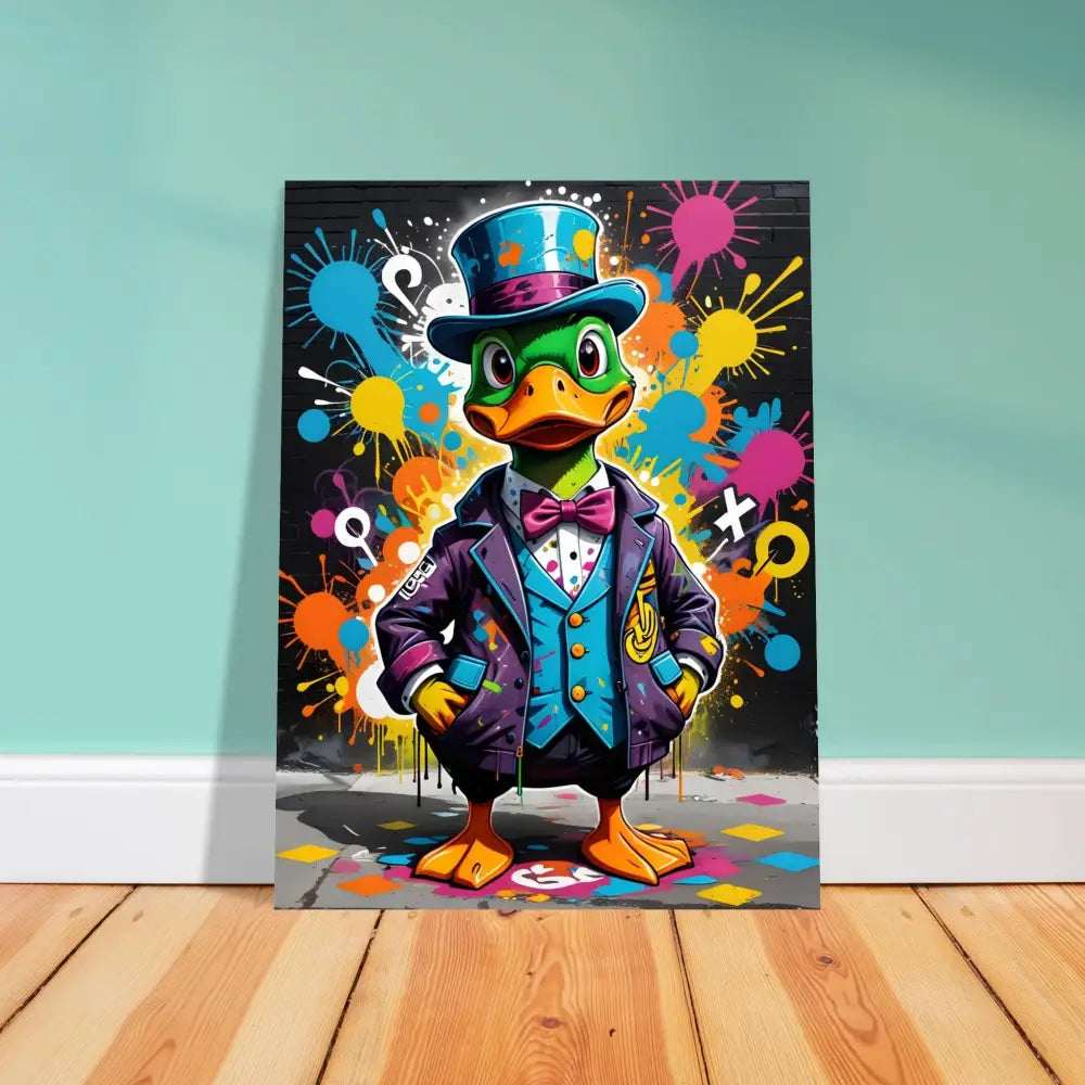 Colorful cartoon duck art displayed on Framed Poster Gangster Duck Swagger PixiOnyx Urban Dreamscape
