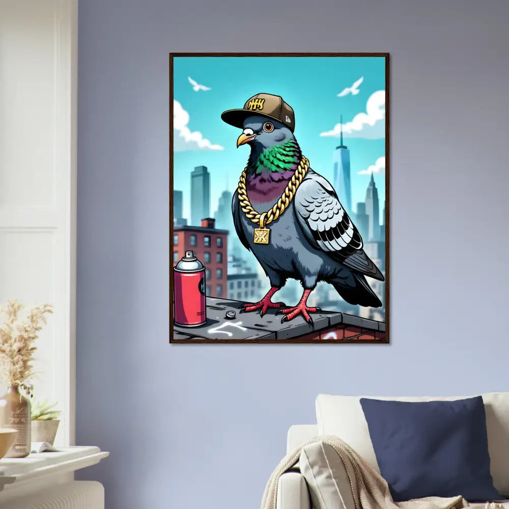 Framed pigeon art poster featuring urban skyline and streetwise satire design